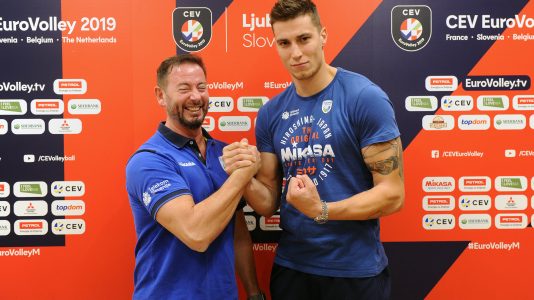 Slovenia's head coach Alberto Giuliani and player Klemen Cebulj at press conference on 20. 9. 2019